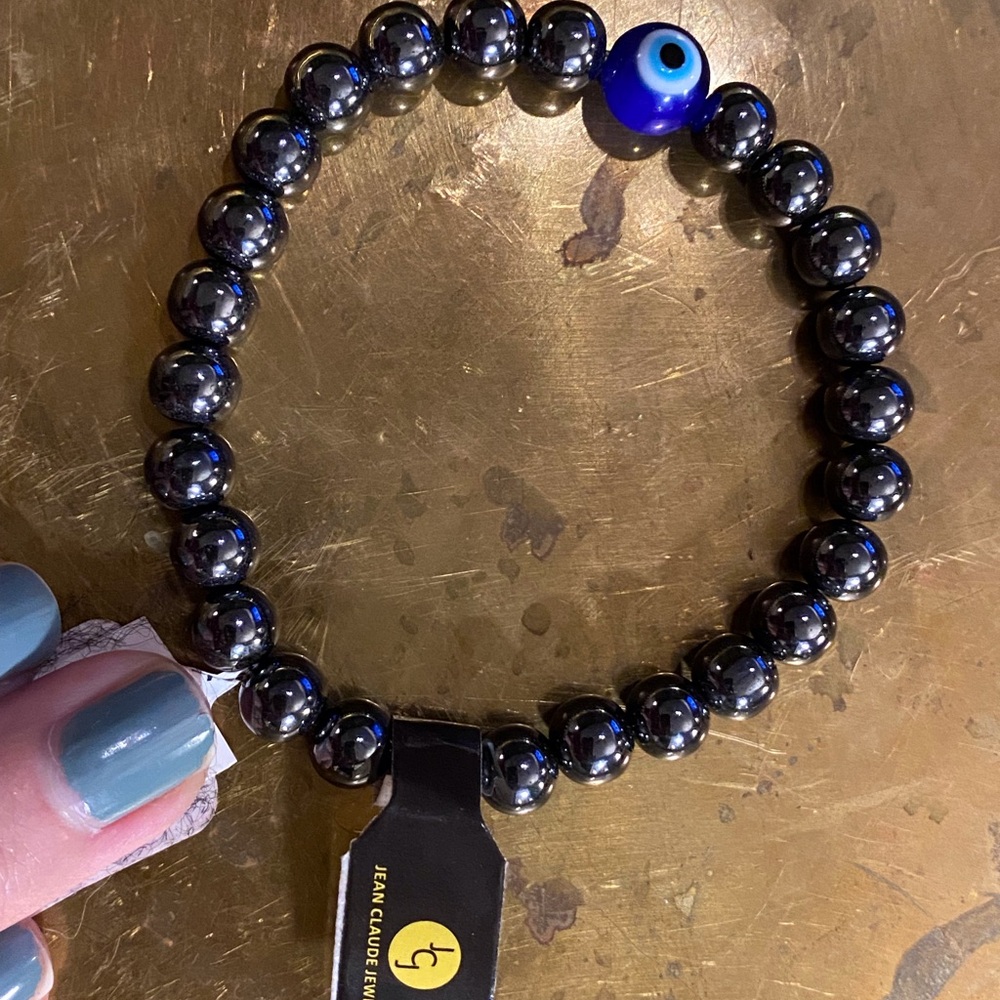 Hematite Bracelet w/Turkish Evil Eye Bead by Jean Claude Jewelry